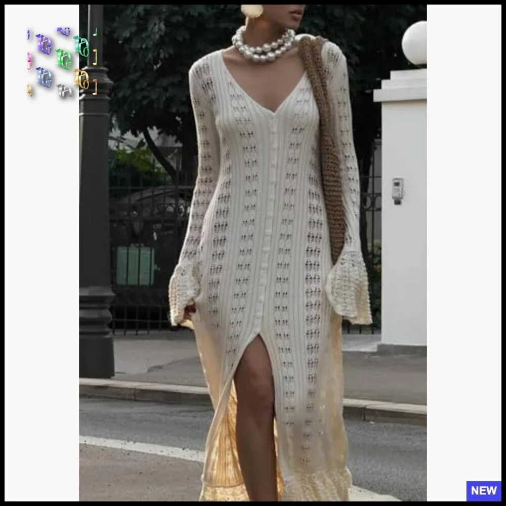 Crochet Hollow Out Maxi Cardigan Boho Oversized Button Down Sweater Dress